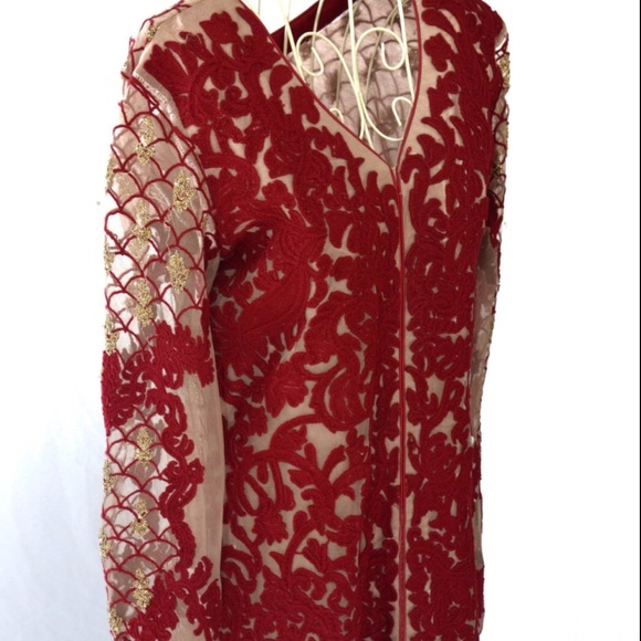 Asim Jofa Shalwar kameez pakistani indian designer red gold tan large Eid - Picture 3 of 4